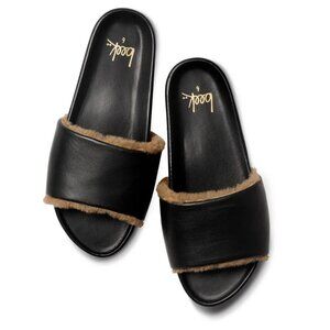 Beek Gallito Shearling Flat Slide Sandals Size 6 Black Leather NEW $280